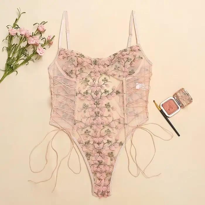 Lingerie sexy pour femmes, combinaison à imprimé floral, broderie transparente, combinaison moulante, dentelle, bandage, sans manches, sous-vêtements érotiques