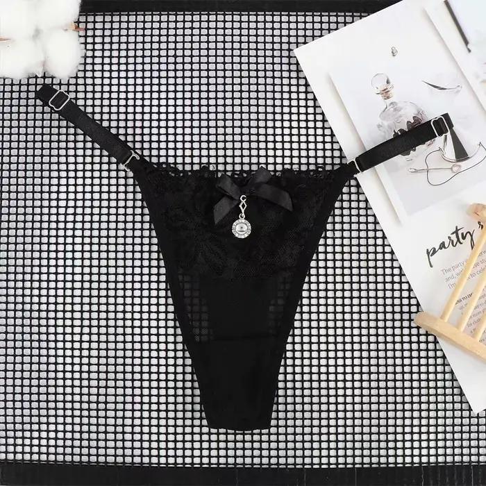Culotte en dentelle avec pendentif perle pour femme, string G brodé, slip en T, sous-vêtement réglable, lingerie sexy pour femme