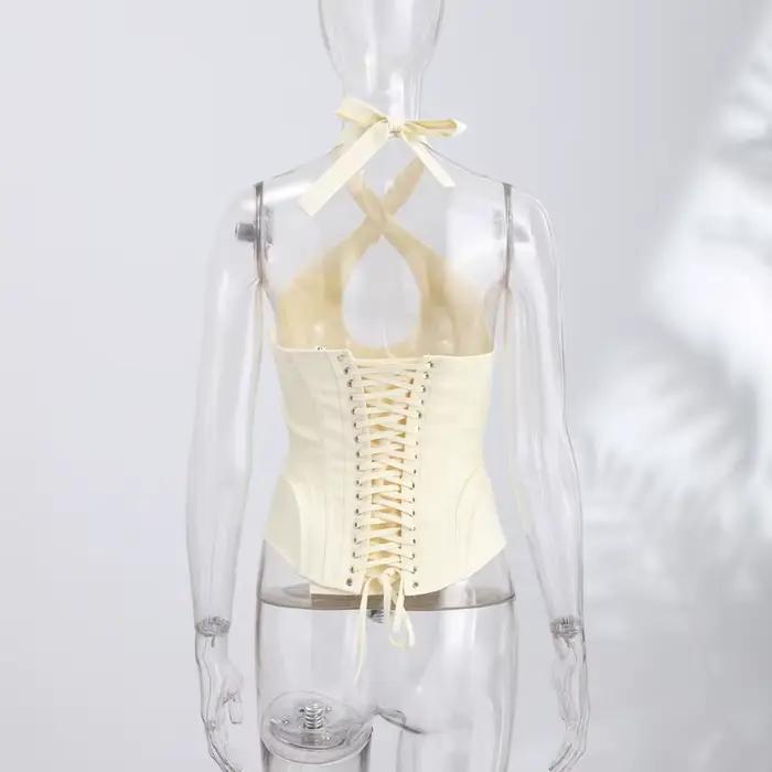 Corset côtelé pour femme, haut à col en V, style bandeau, ajusté, dos croisé à nouer, sexy, gilet tendance