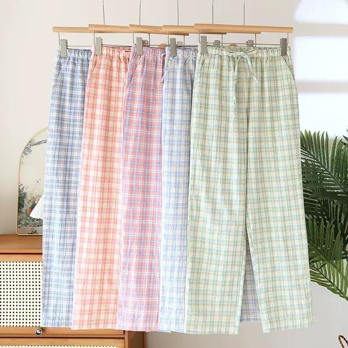 Pyjama en pur coton pour dormir, vêtements de nuit pour femme, vêtements de chambre, printemps et été, nouveau pantalon ample à carreaux, bas de pyjama