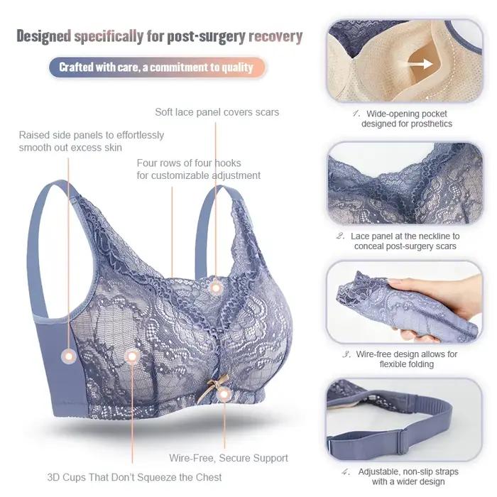 Soutien-gorge post-chirurgie mammaire puissant et respirant pour femmes, avec poche de récupération post-mastectomie, incluant sous-vêtements en coton ajustables
