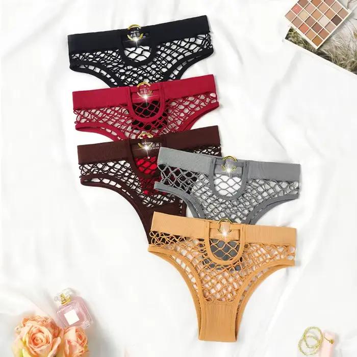 Nouveau Style maille Sexy femmes culottes couleur unie taille mi haute résille Lingerie dames évider Transparent élasticité slips
