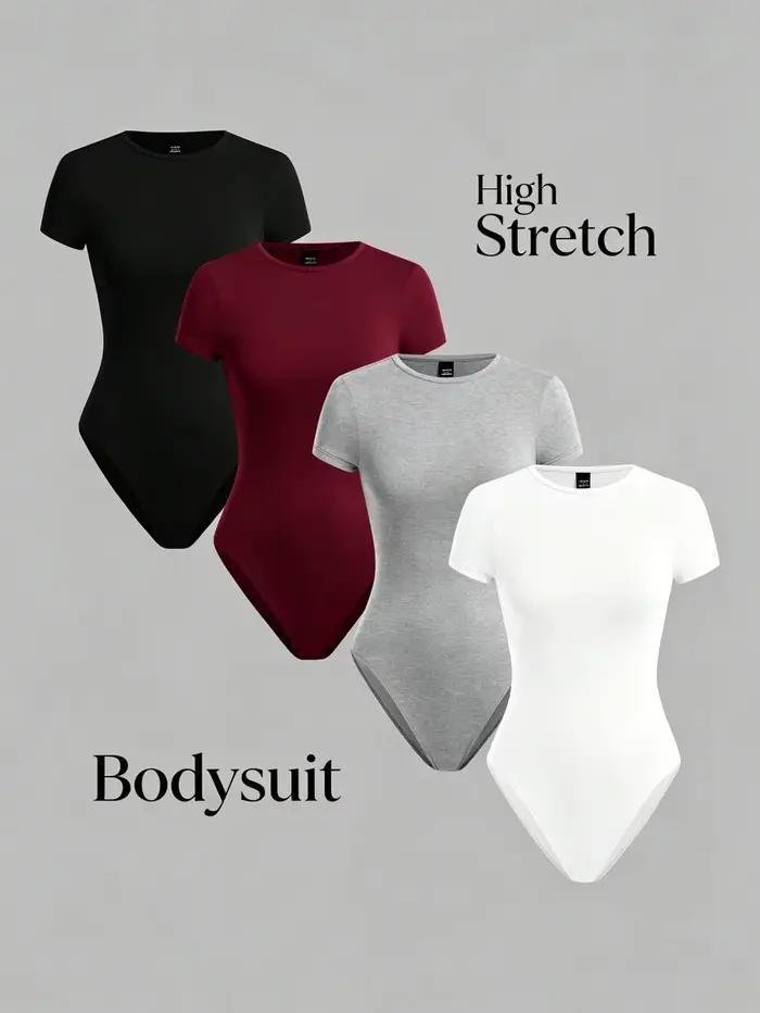 Body moulant d'été style Instagram pour femme, à manches courtes, col rond, extensible, couleur unie, style tee-shirt