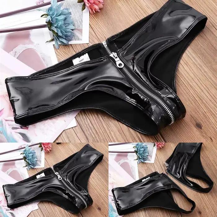 Femmes fermeture éclair entrejambe culottes slips PVC Mini Shorts Look mouillé Bikini taille basse sous-vêtements maigre Clubwear lingeries érotiques