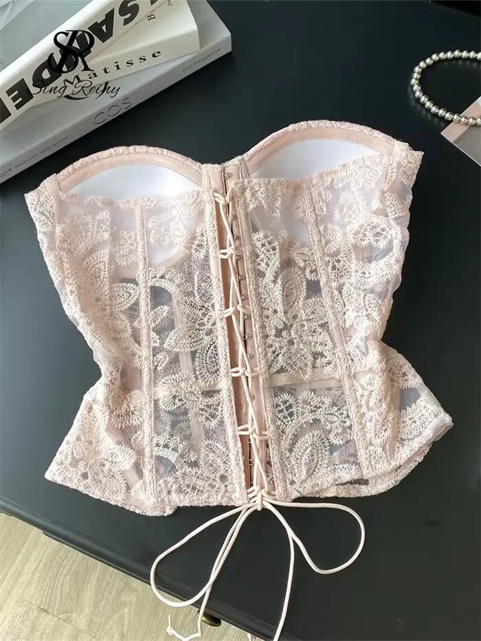 SINGREINY broderie florale Sexy haut de Club femme sans bretelles mince Corset dos nu débardeur français à lacets bases pure Camisole