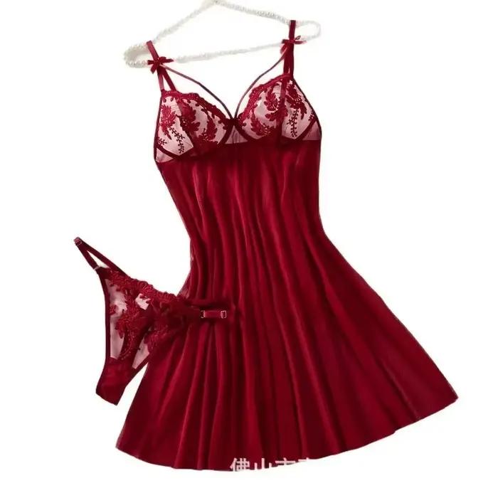 Chemise de nuit élégante et confortable pour femme, style campagnard, rouge bordeaux, broderie épis de blé, semi-transparente, avec nœud ZA825066