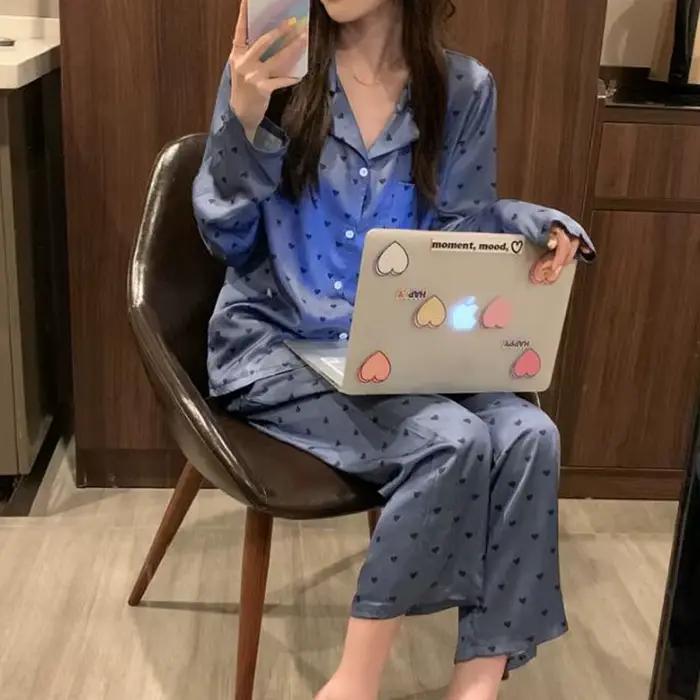 Pyjama à manches longues pour femme, vêtement de maison en soie glacée, nouvelle collection printemps et automne été
