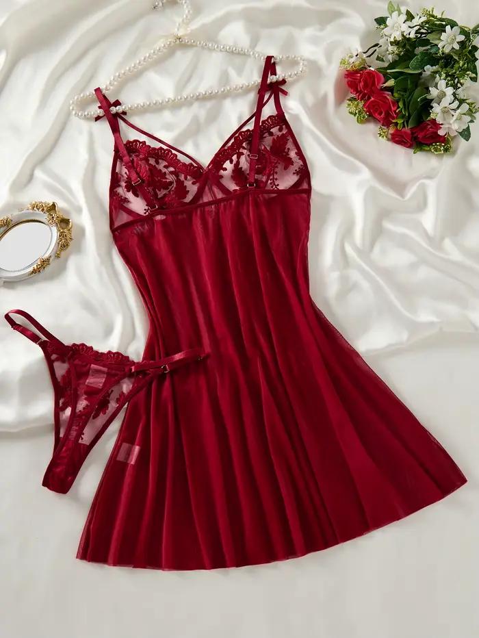 Chemise de nuit semi-transparente brodée d'oreilles de blé style campagne pour femme rouge vin, élégante et confortable, design nœud ZA825066