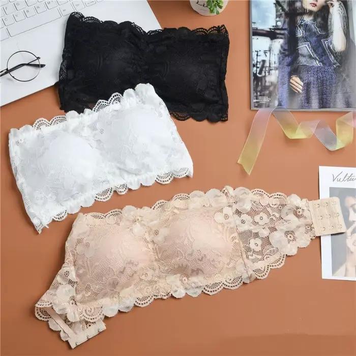 Soutien-gorge bandeau en dentelle pour femme, rembourré, bralette, sous-vêtements en dentelle florale, lingerie sexy, couleur unie, enveloppant