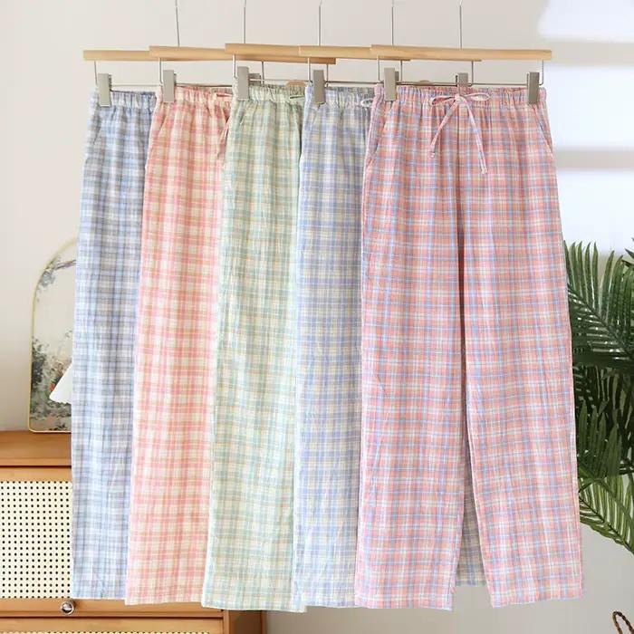Pyjama en pur coton pour dormir, vêtements de nuit pour femme, vêtements de chambre, printemps et été, nouveau pantalon ample à carreaux, bas de pyjama