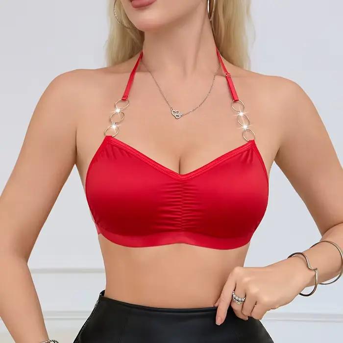 1 pièce Bralette rouge pour femme avec anneaux métalliques, dos nu, style crop top, en satin froncé, pour soirée, boîte de nuit, tenue de club, sous-vêtement