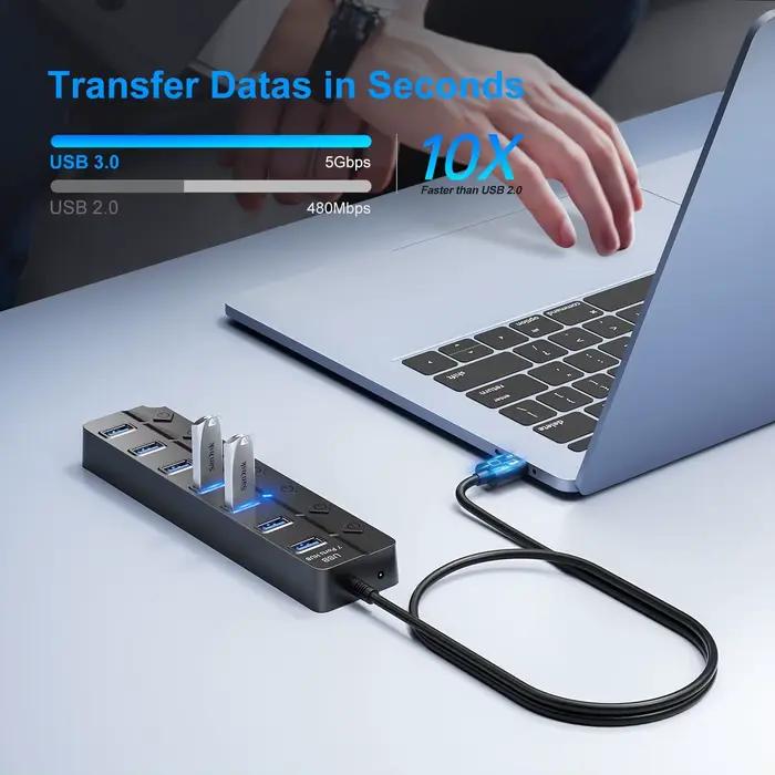 Répartiteur USB Hub 3.0 multiprise, haute vitesse, 7 ports, 5Gbps, adaptateur d'alimentation avec interrupteur, câble Long avec plusieurs Hub d'extension