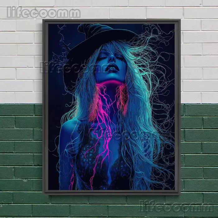 Peinture sur toile d'art mural abstrait de sorcière de nuit solitaire, affiche d'art d'illustration d'esthétique de sorcellerie païenne et décoration de maison imprimée