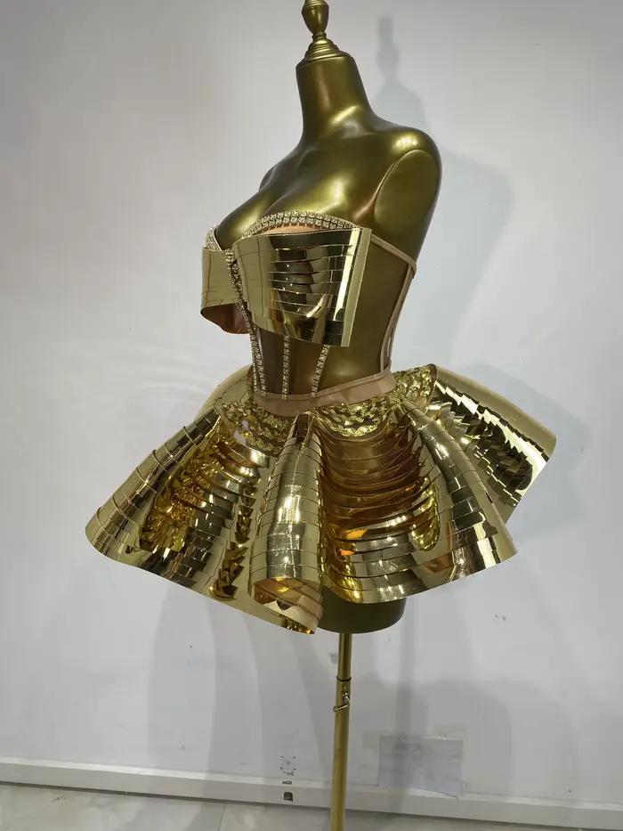 Costumes de danseuse de discothèque, Bustier miroir doré, haut Corset et Mini jupe bouffante, 2 pièces, tenues de soirée Sexy Ses Y2k