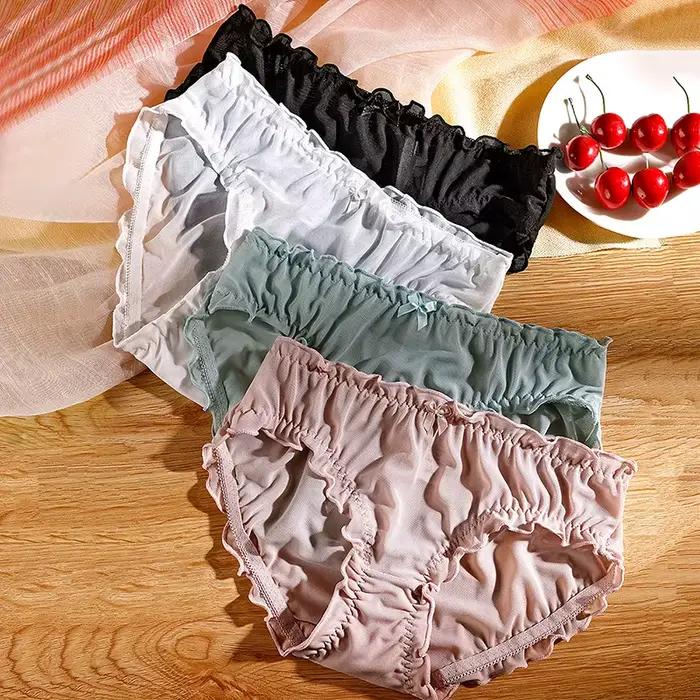 Sous-vêtements en maille et dentelle pour filles, culottes sans couture pour femmes, Lingerie transparente, nœud, Lingerie pour femmes mûres