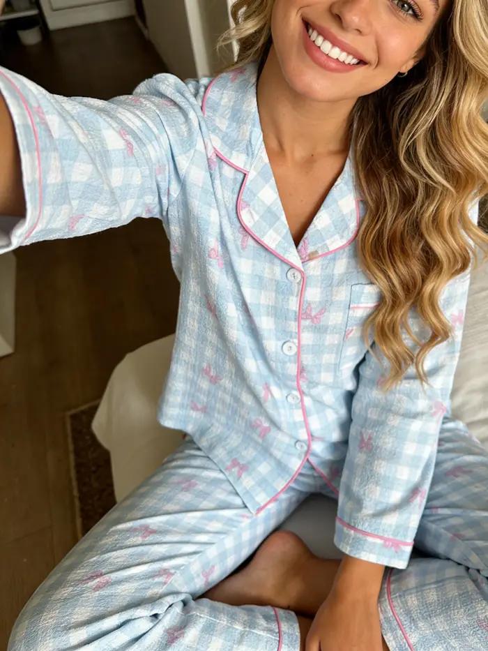 Pyjama femme à revers cranté, manches longues et pantalon, ensemble 2 pièces, imprimé carreaux avec nœud mignon, pour printemps, automne, hiver, vêtements d'intérieur