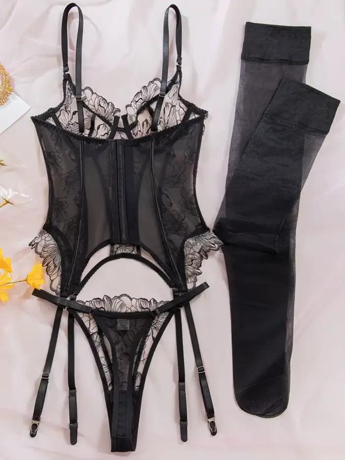 Ensemble de lingerie érotique Belamimi brodé floral transparent, sexy, sculptant le corps, avec bas de contention intégrés