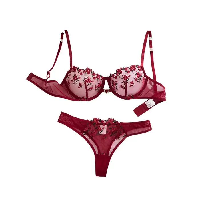 Ensemble de lingerie vintage français brodé de roses rouge vin - soutien-gorge en résille + T-shirt - lingerie féminine sexy et sensuelle ZA824026