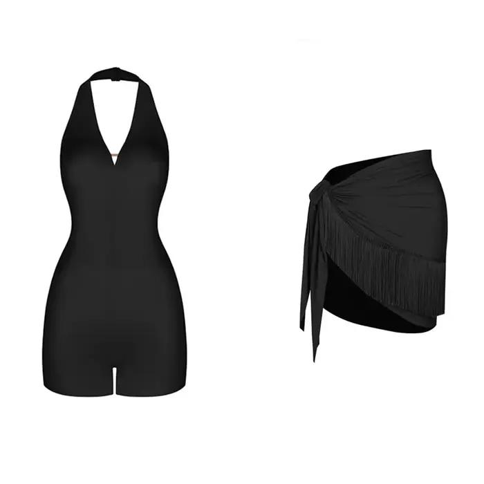 Body de danse latine noir pour femmes, col en V, dos nu, costume de danse latine, vêtements de danse, haut, jupe féminine, valse