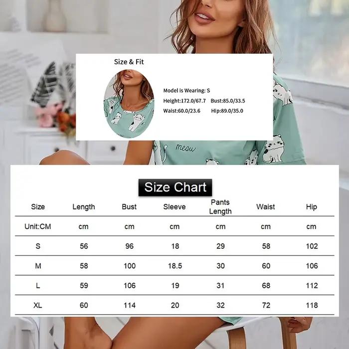Ensemble pyjama imprimé chat dessin animé pour femme, haut à manches courtes et short, vêtements de nuit doux et confortables, ensembles de pyjama pour la maison, mignon, été
