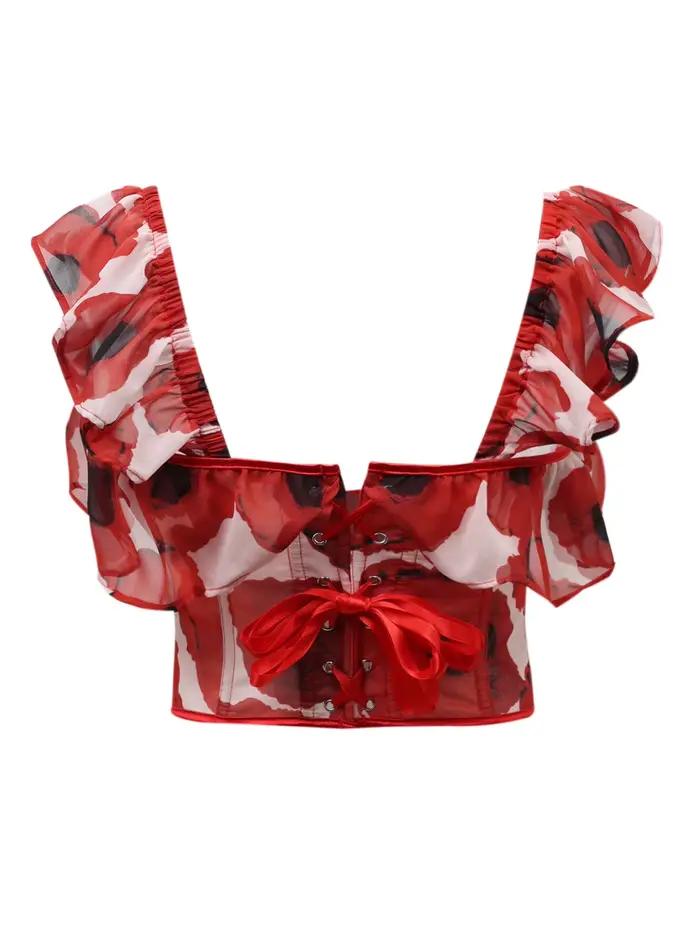 Corset floral rouge pour femme, décolleté cœur, manches à volants, dos lacé, style bustier gothique vintage, serre-taille, tenue de soirée