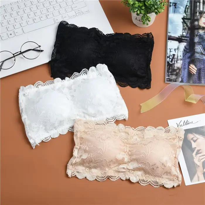 Soutien-gorge bandeau en dentelle pour femme, rembourré, bralette, sous-vêtements en dentelle florale, lingerie sexy, couleur unie, enveloppant
