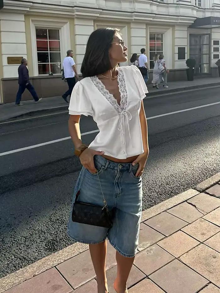 Ahagaga décontracté haut pour femme solide dentelle col manches courtes Satin mince bouton régulier Eelgant Streetwear t-shirts femme basique t-shirts
