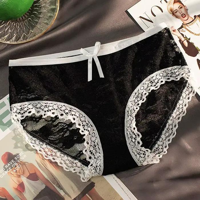 Lingerie transparente à fleurs pour femmes, culotte taille moyenne en maille et dentelle, slip, sous-vêtements coréens