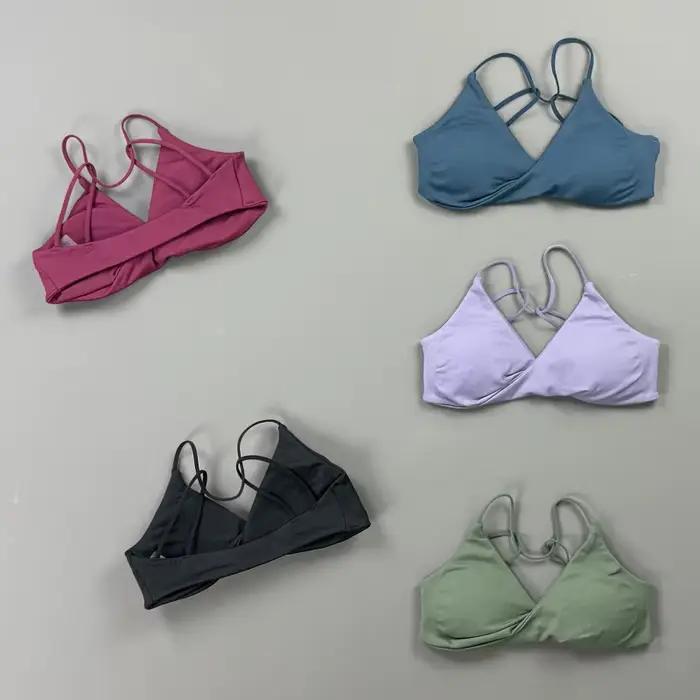 Soutien-gorge de sport Vision Fitness pour femme, col en V, devant torsadé, bretelles fines, dos croisé, sans coutures, coussinets amovibles, extensible et doux, pour yoga et entraînement