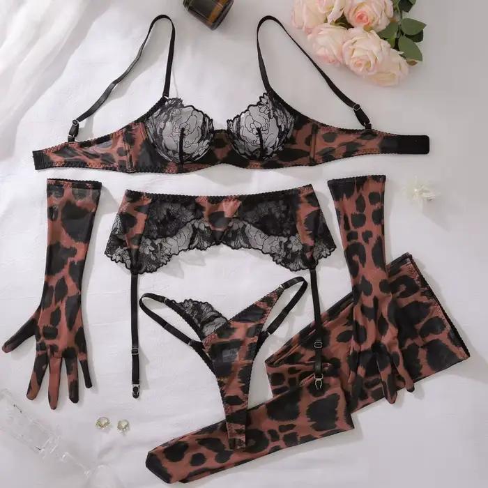 Costume léopard pour femmes, Lingerie Ultra Sexy en dentelle, Patchwork, intime, Sexy, complet avec gants, bas, sous-vêtements