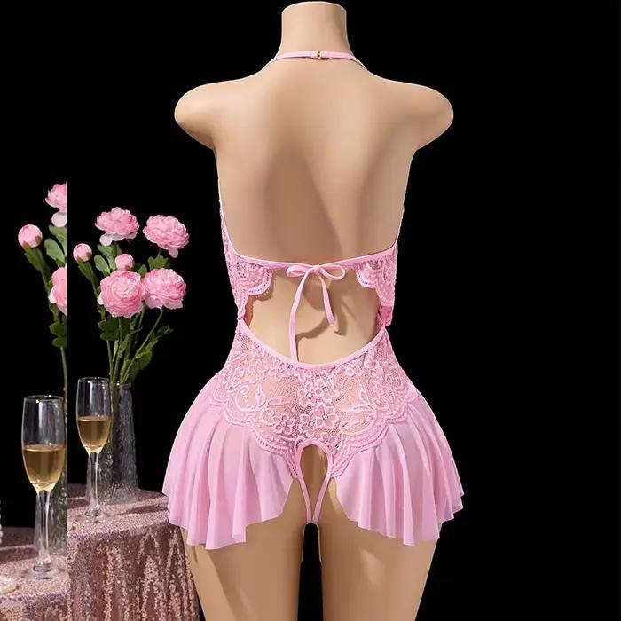 Lingerie Ultra Sexy audacieuse pour femmes, soutien-gorge à col en v, body rose, accessoires sans entrejambe, sous-vêtements sensuels, robe moulante romantique