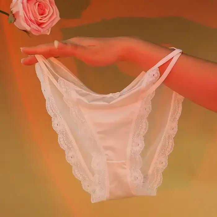 Culotte Ultra-mince français Vintage Satin maille dentelle culotte blanche femme dentelle maille slips taille basse sous-vêtements féminins