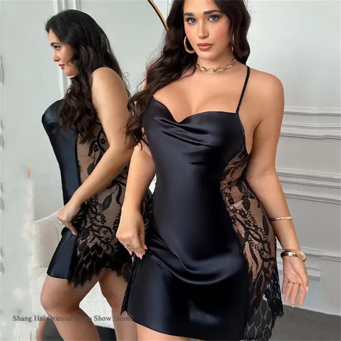 Chemise de nuit pour femme grande taille 3XL 4XL 5XL, nuisette sexy en dentelle ajourée, lingerie ample en satin, vêtement d'intérieur