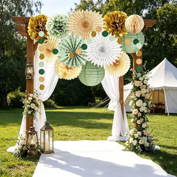 Décorations suspendues en papier vert sauge, lanternes et fleurs pompons pour mariage, fête, anniversaire, enterrement de vie de jeune fille, Saint-Valentin