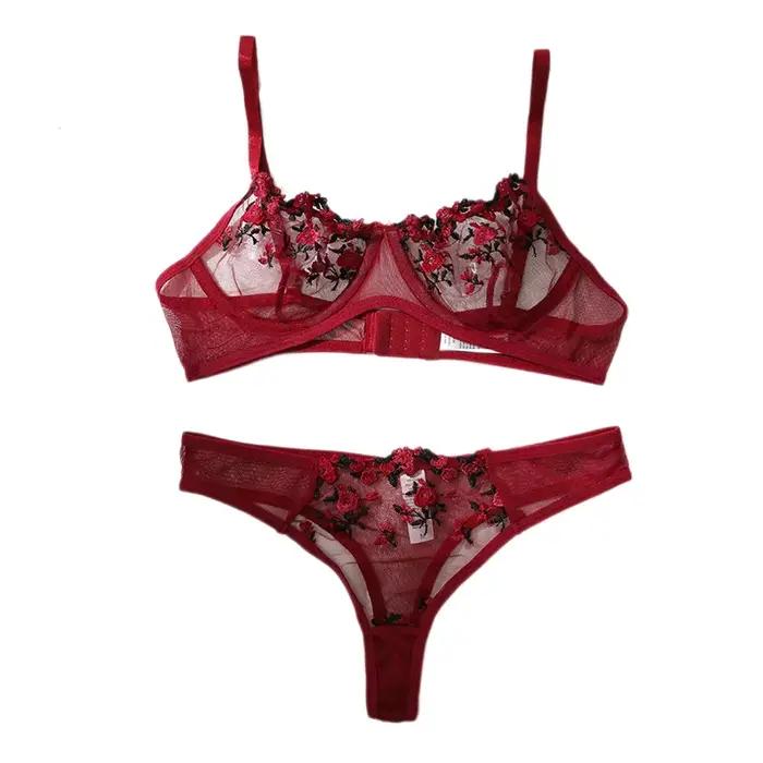 Vin rouge Transparent Lingerie broderie fleur deux pièces femme Push Up ventiler sous-vêtements string Sexy soutien-gorge ensemble Costume érotique