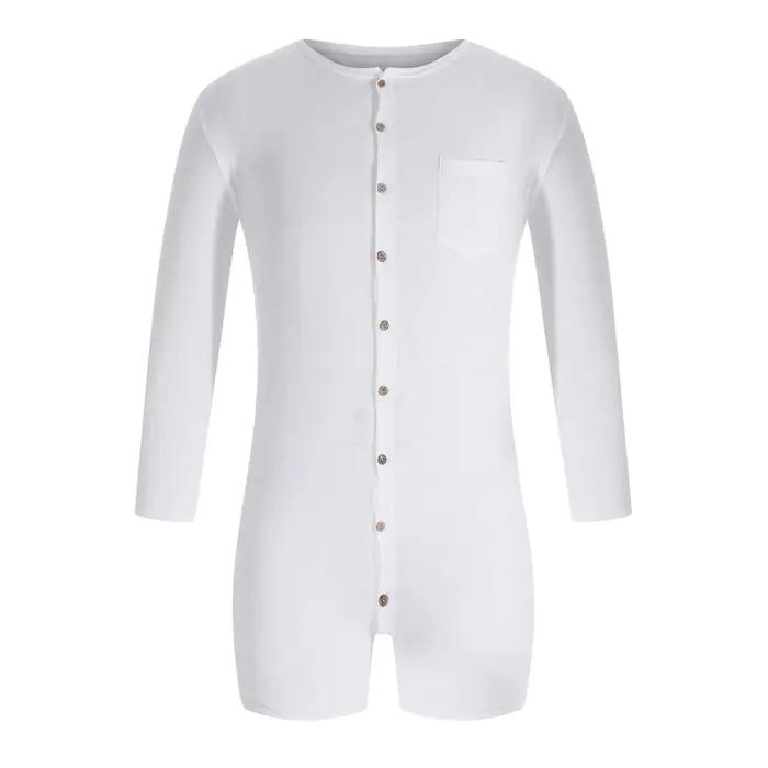 Barboteuse pyjama pour hommes, couleur unie, col rond, manches longues, boutons, combinaisons, vêtements de maison, respirant, fin, 2025