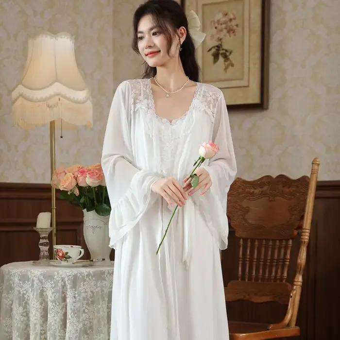 Chemise de nuit Vintage en dentelle féerique avec Robe, ensemble 2 pièces, vêtements de nuit princesse romantiques, Style français, Robe de nuit élégante pour femmes, mariée