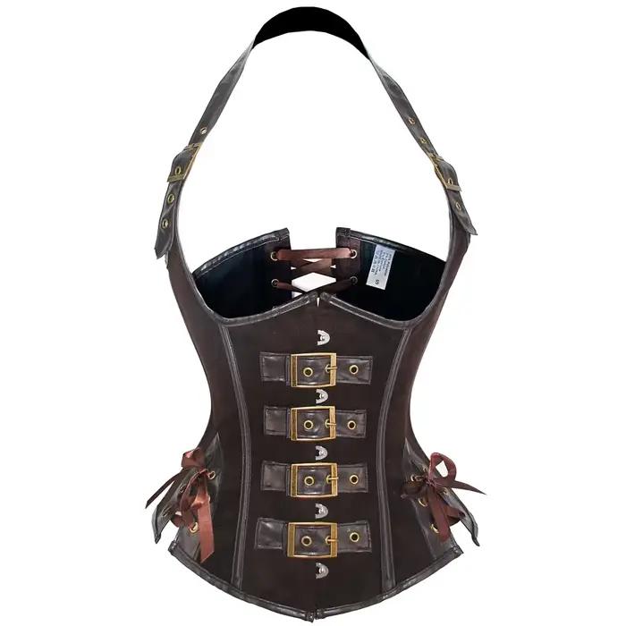 Corset Gothique Steampunk pour Femme, Col Halter, en Cuir PU Marron, Bustier Vintage, Costume de Pirate, Serre-taille, Haut de Cosplay d'Halloween