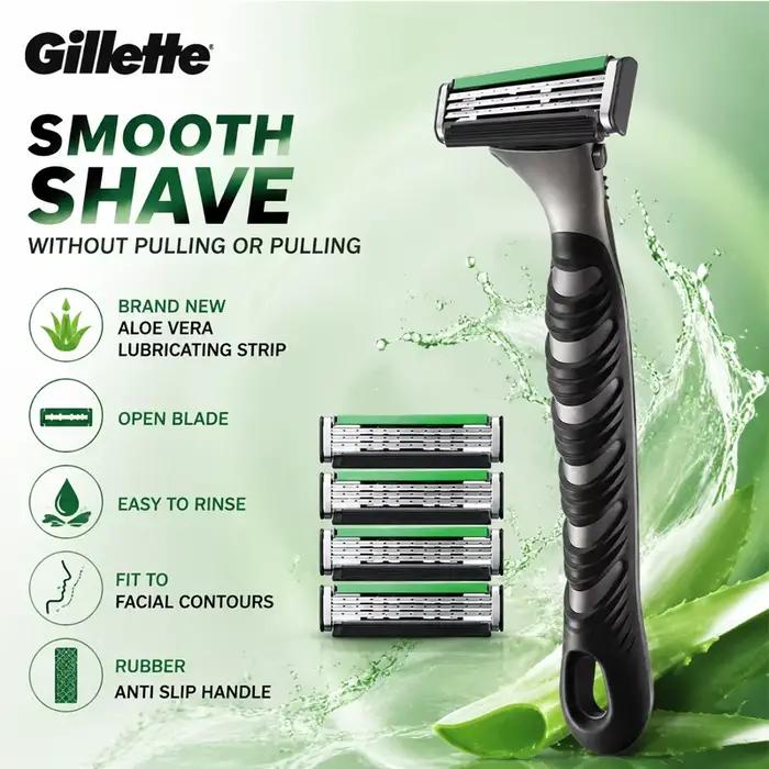 Rasoir manuel Gillette avec poignée antidérapante, bande lubrifiante à l'aloe vera, rasage en douceur et sans effort, sans accrocher les poils de barbe