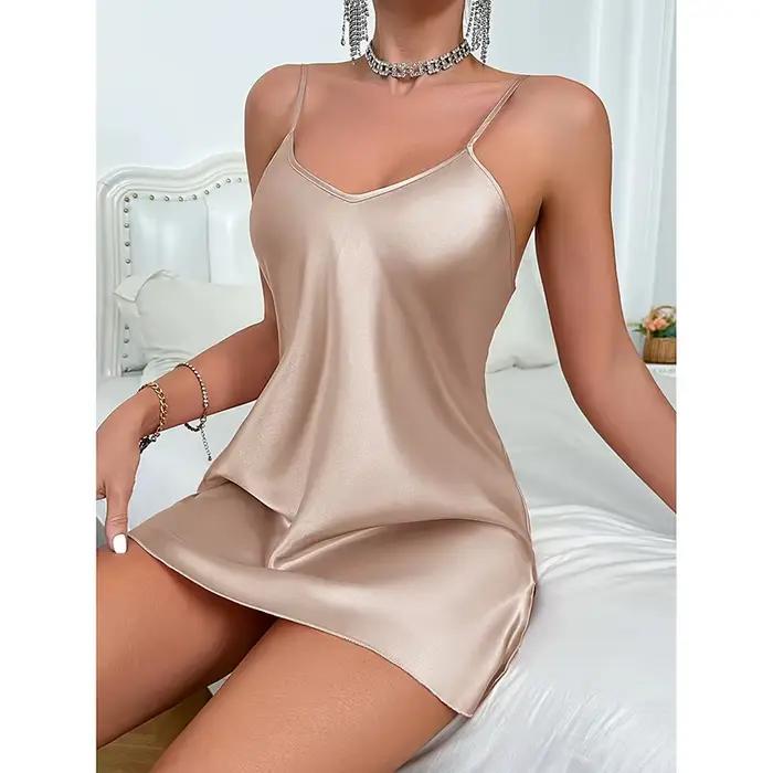 Chemise de nuit en soie pour femme, élégante, couleur unie, sexy, confortable, pour toutes les saisons