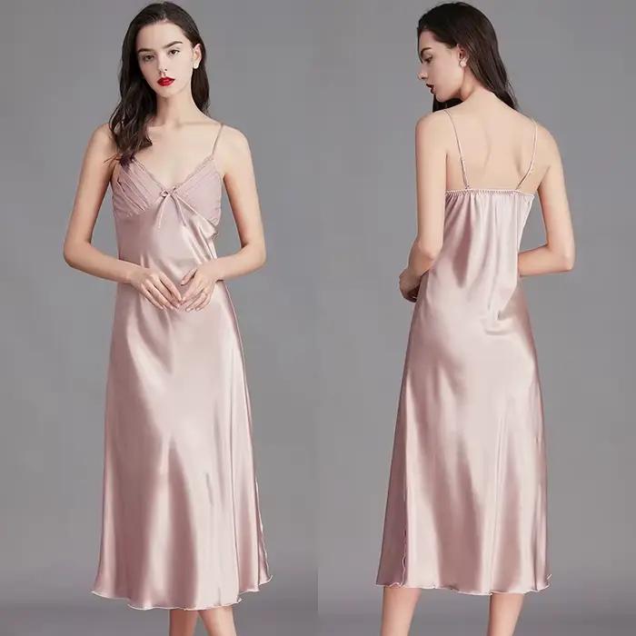 Chemises de nuit pour femmes longues sans manches robes de nuit Satin soie Chemise Lingerie robe Slip vêtements de nuit sexy Chemise de nuit pour dames