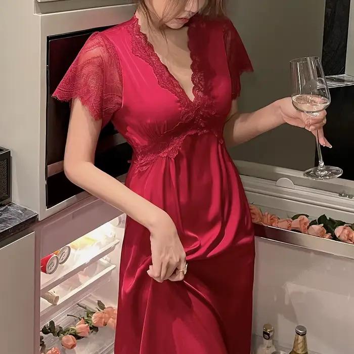 Robe de nuit d'été en Satin pour femmes, vêtements de nuit avec soutiens-gorge, longue chemise de nuit en dentelle, manches courtes, ample, Lingerie intime