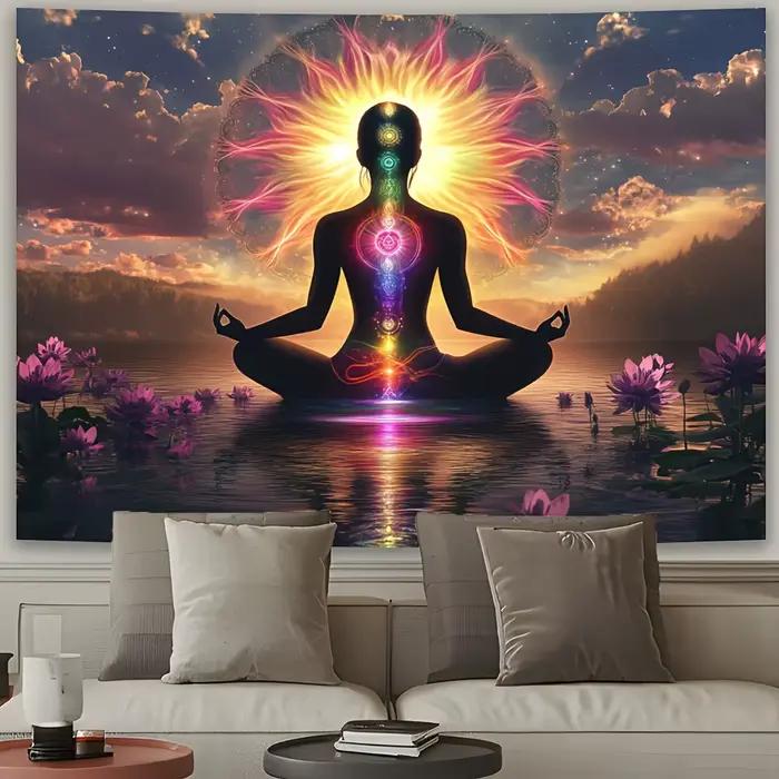 Tapisserie de méditation des chakras, silhouette avec sept chakras et fleurs de lotus, art mural spirituel de yoga pour la décoration de la maison