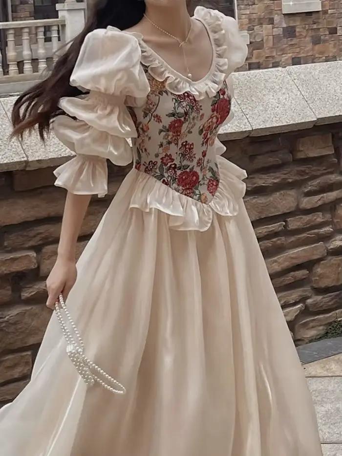 Elegantní vintage květinové šaty pro ženy 2023 podzim kulatý výstřih ležérní večerní