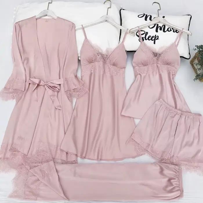 Ensemble de pyjamas en dentelle pour femmes, robe de bain sexy, chemise de nuit en satin, vêtements de maison, vêtements de détente, printemps, été, 5 pièces