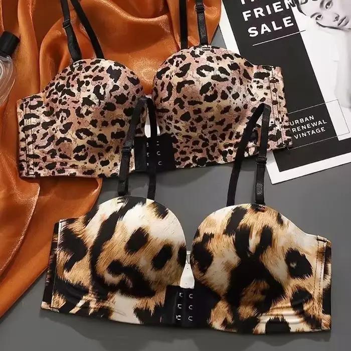 Soutien-gorge froncé sans bretelles imprimé léopard, beau dos Sexy, Lingerie pour femmes, petits seins sans anneaux en acier, soutien-gorge à boucle avant