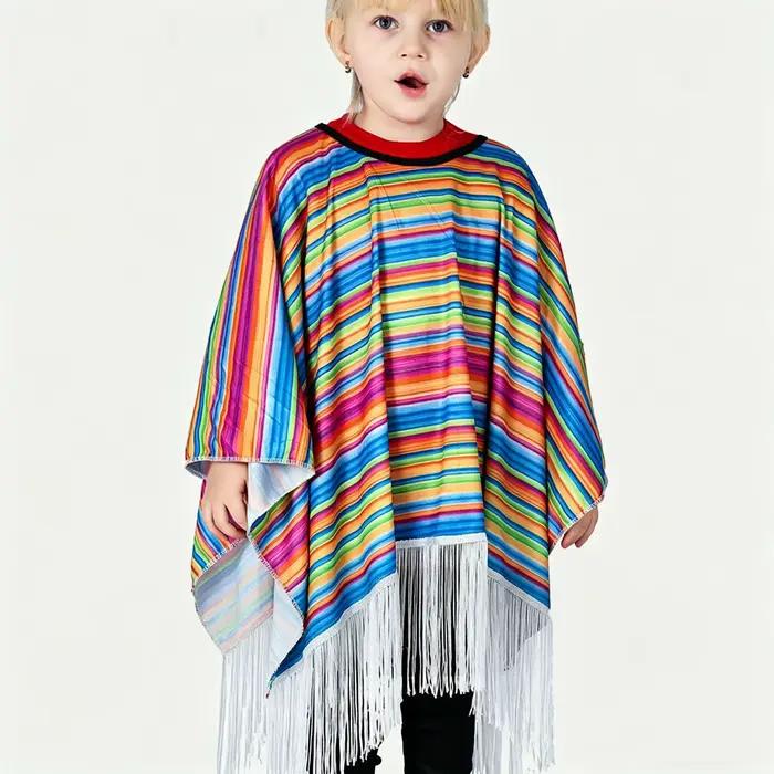 Poncho mexicain pour enfants, cape à rayures colorées avec franges, déguisement d'Halloween pour enfants, fête mexicaine, carnaval, cosplay