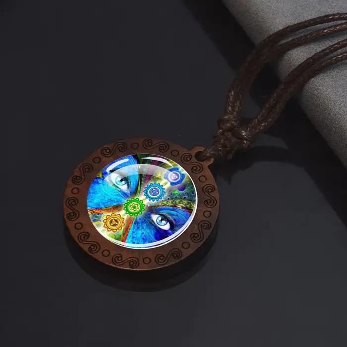 7Chakra symbole collier Yoga méditation dôme en verre Vintage en bois pendentif corde chaînes collier femmes hommes indien bouddhisme bijoux