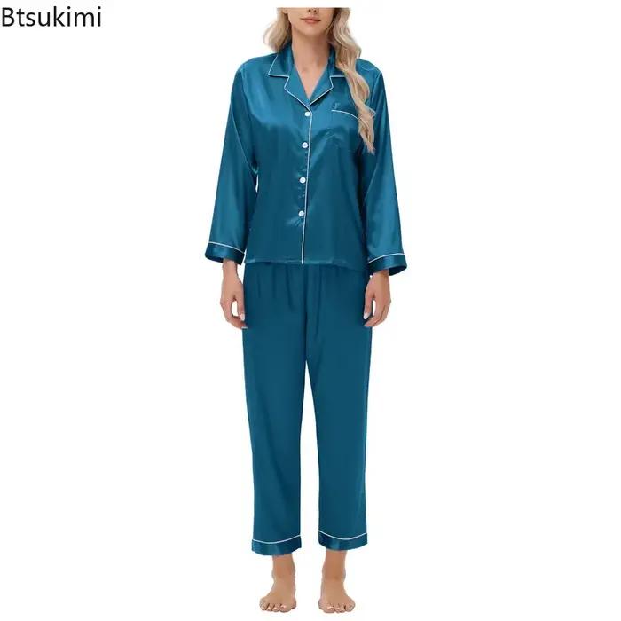Ensemble de pyjamas pour femmes, texture satinée douce et unie, tombé soyeux, manches longues et pantalon, vêtements de maison pour dormir et se détendre