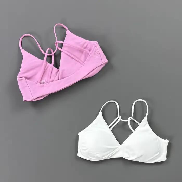 Soutien-gorge de sport Vision Fitness pour femme, col en V, devant torsadé, bretelles fines, dos croisé, sans coutures, coussinets amovibles, extensible et doux, pour yoga et entraînement